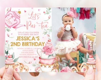 Tea Party Birthday Photo Invitation Girl 2nd Birthday Party Invite Gold Blush Pink Floral High Tea for Two Garden Par-Tea EDITABLE BT10P