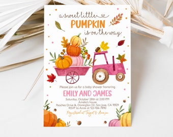 Invitación para baby shower con diseño de camión de calabaza rosa. Invitación para baby shower con diseño de calabaza pequeña. Niña. Hojas otoñales. Fiesta de calabazas. EDITABLE BS59P