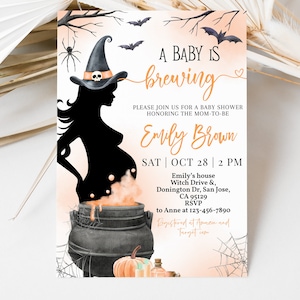 Witch Baby Shower Invitation A Baby is Brewing Halloween Gender Neutral Invite Orange Cauldron Smoke Spooky Fall Autumn Party EDITABLE BS66O