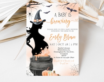 Könnte beinhalten: Eine Babyparty-Einladung im Halloween-Stil mit einem orange-schwarzen Farbschema. Die Einladung zeigt eine Silhouette einer schwangeren Hexe, die einen Kessel mit einem sprudelnden Zaubertrank hält. Der Text lautet "A Baby is Brewing" und enthält das Datum, die Uhrzeit und den Ort der Party.