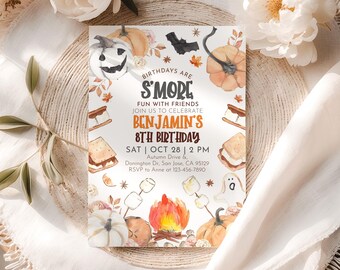 Zaproszenie na imprezę z przyjaciółmi „S'more Fun with Friends”, zaproszenie na ognisko urodzinowe, impreza kempingowa na podwórku, jesienne ognisko na świeżym powietrzu z piankami, możliwość edycji AT35O