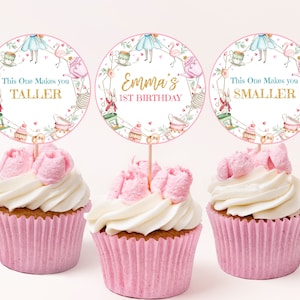 Alice in Wonderland Cupcake Topper Alice in Onerderland Girl First 1st Birthday Decor Mad Hatter Tea Party Pink Gold Floral EDITABLE BT11W