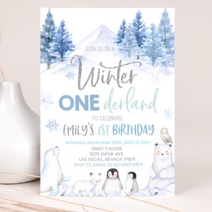 Invito per festa di compleanno di Onederland invernale, paese delle meraviglie, per bambino e bambina, orso polare, animali artici, bosco, foresta, modificabile BT46B
