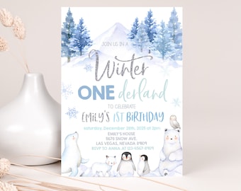 Winter Onederland Invitation Wonderland Boy Girl First 1st Birthday Party Invite Polar Bear Arctic Animals Woodland Forest EDITABLE BT46B