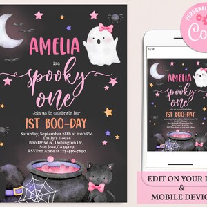 May include: A black and pink Halloween-themed first birthday party invitation with a ghost, a cauldron, a black cat, and stars. The text reads "Amelia is a spooky one" and "1st Boo-Day".