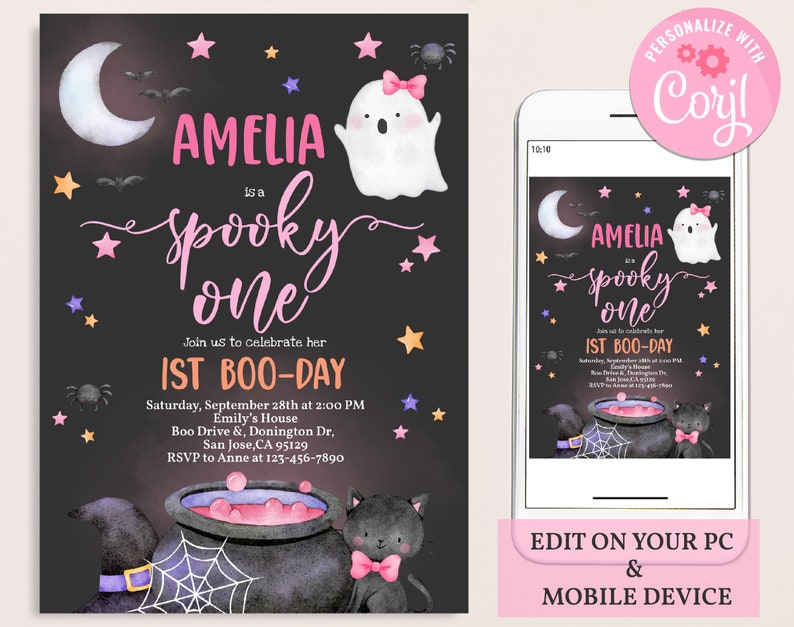 May include: A black and pink Halloween-themed first birthday party invitation with a ghost, a cauldron, a black cat, and stars. The text reads "Amelia is a spooky one" and "1st Boo-Day".