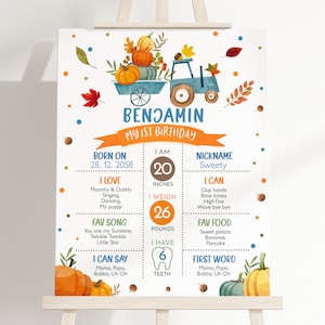 May include: A colorful birthday sign on an easel. The sign features a watercolor illustration of a blue tractor carrying pumpkins, with text that reads "Benjamin My 1st Birthday." It includes details like height (20 inches), weight (26 pounds), and favorite things.