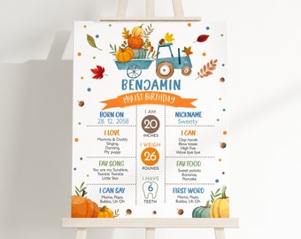 Cartello per traguardo di compleanno con camioncino di zucca, decorazione per il primo compleanno del bambino, foglie autunnali autunnali, poster con campo di zucche blu, modificabile, BT26B