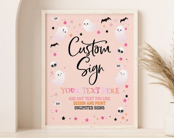 Halloween Baby Shower Custom Sign Spooky One Birthday Table Sign Spooktacular Party Pink Ghost Cute Hey Boo Poster EDITABLE BS60P AT08P