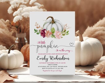 Pumpkin Baby Shower Invitation Little Pumpkin Fall Autumn Party Invite Blush Floral Girl Shower EDITABLE Instant download Template BBS022