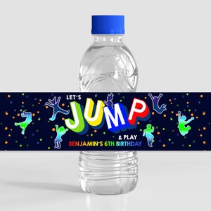 Sprung Wasserflasche Label Geburtstag Party Favors Trampolin Hüpfburg Junge Mädchen Neon Glow Sport EDITIERBARE Vorlage Sofortiger Download BTD034