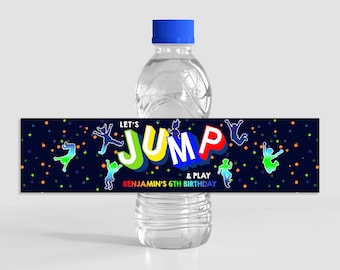 Jump Water Bottle Label Birthday Party Favors Trampoline Bounce House Boy Girl Neon Glow Sports EDITABLE Template Instant Download BTD034