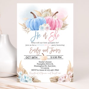 Pumpkin Gender Reveal Invitation Boy or Girl He or She Invite Watercolor Blue Pink Pumpkin Boho Fall Autumn Floral Halloween EDITABLE BS69M
