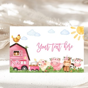 Tentes de nourriture pour baby shower à la ferme, animaux de la grange, étiquettes de nourriture pour fille, décoration de fête d'anniversaire, rose, animaux de la basse-cour, ranch, tracteur, imprimable BS62P AT12P