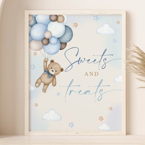 Letrero de mesa con osito de peluche, dulces y golosinas, decoración para fiesta de primer cumpleaños de niño, baby shower bohemio, póster con globo de hierba de pampa azul, imprimible BS21B BT81B