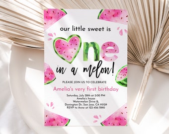 Watermelon Birthday Invitation One in a Melon Girl First Birthday Party Invite Green Pink Watermelon Summer Sweet Celebration EDITABLE BT67P