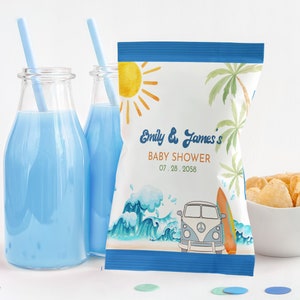 Surfer Babyparty Chip Tasche Label Baby an Bord Surfen Strand Party Dekor Retro Surf Van Ozeanwelle Surfbrett Snack Leckereien Tasche Printable BS52B