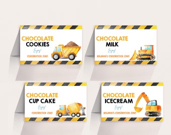 May include: Four printable food labels with construction zone theme. Each label features a different construction vehicle and a different food item: chocolate cookies, chocolate milk, chocolate cupcake, and chocolate ice cream. The labels are yellow and black with the text "Enjoy!" and "Construction Zone!"