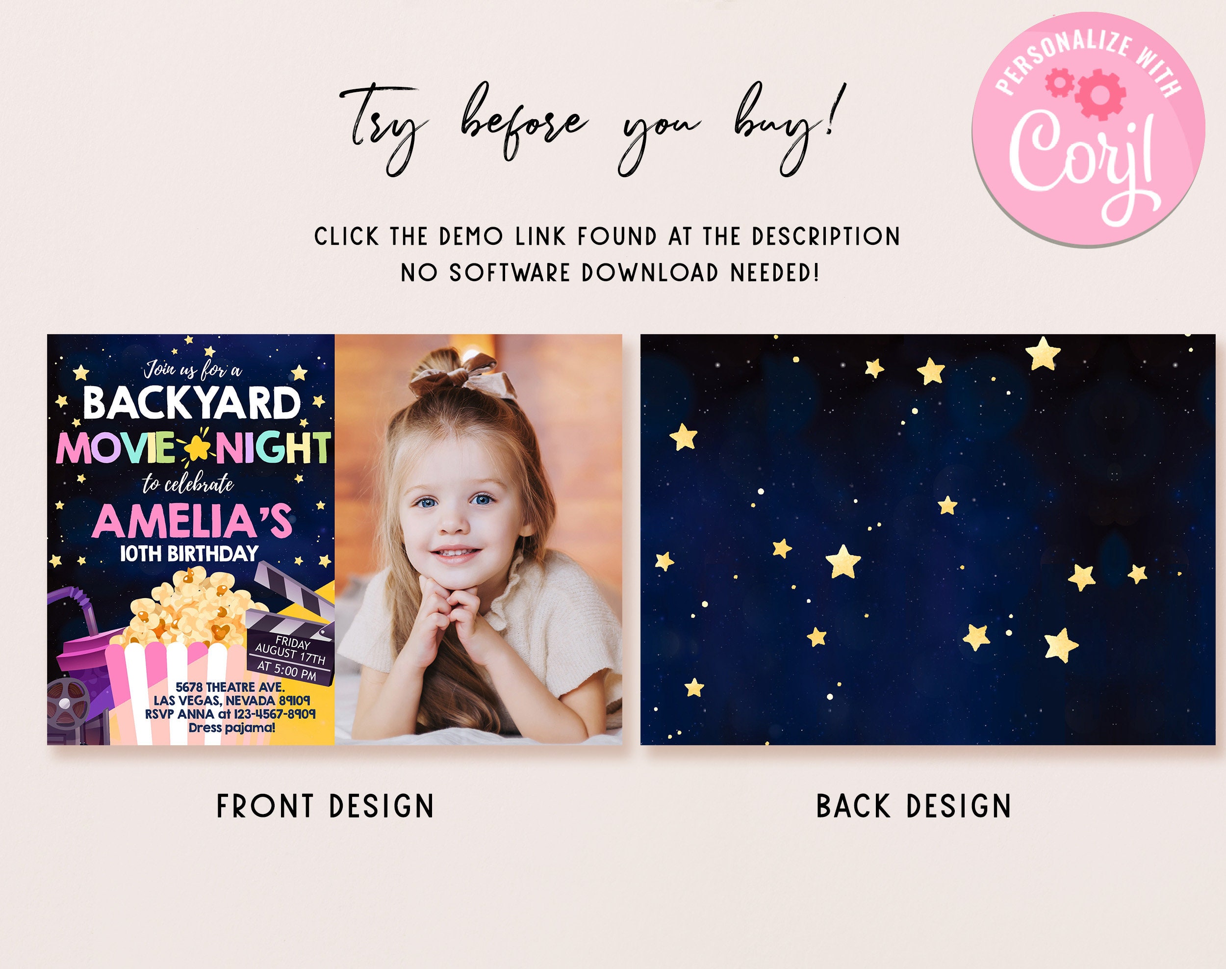 Backyard Movie Night Birthday Photo Invitation Under the Stars Invite ...