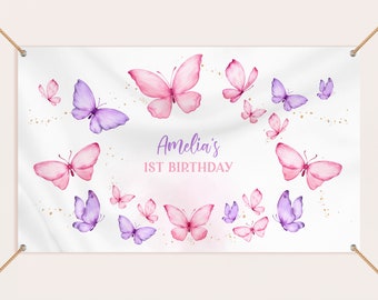 Butterfly Birthday Backdrop Banner Girl 1st Birthday Decor Pink Purple Butterflies Floral Spring Garden Party Photobooth EDITABLE BT93V