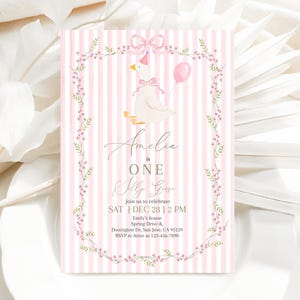 May include: Pink and white striped invitation with a watercolor illustration of a goose wearing a party hat and holding a balloon. The invitation reads "Amelia is ONE Olly Goose" with event details and RSVP information.