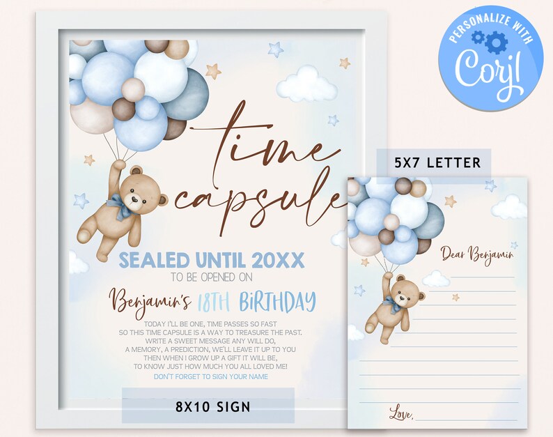 Teddy Bear Time Capsule Sign Beary First Boy 1st Birthday Party Decor ...