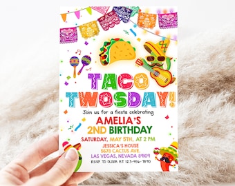 Taco Twosday Invitation Mexican Fiesta 2nd Birthday Party Invite Cactus Sombrero Guitar Maracas Cinco De Mayo Two Tuesday EDITABLE BT64W