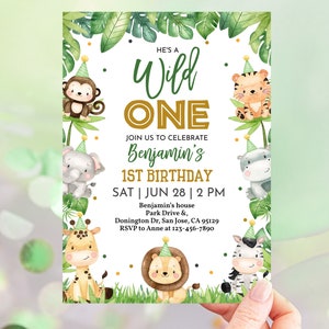 Safari Invito di compleanno Wild One Boy 1° compleanno Invito Jungle Zoo Chiamata a tutti gli animali da festa Palloncini tropicali verdi e dorati MODIFICABILI BT96G