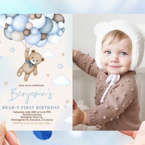 Teddy Bear Birthday Photo Invitation Beary 1st First Birthday Party ...
