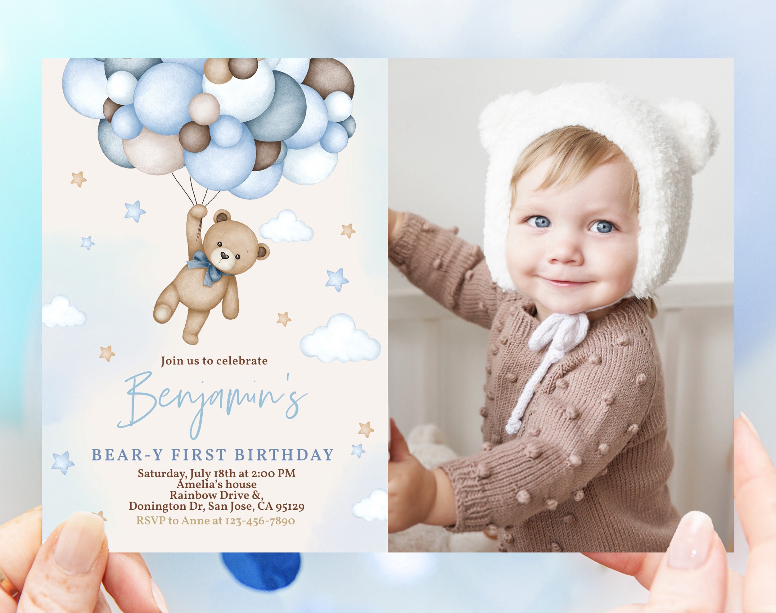 Teddy Bear Birthday Photo Invitation Beary 1st First Birthday Party ...