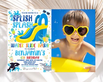 Waterslide Birthday Photo Invitation Summer Pool Party Birthday Invite Blue Water Slide Splish Splash Bash Waterpark Unicorn EDITABLE BT77B