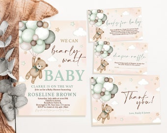 May include: A baby shower invitation with a cute teddy bear holding balloons. The invitation says "We can barely wait baby" and includes the name "Roseline Brown".