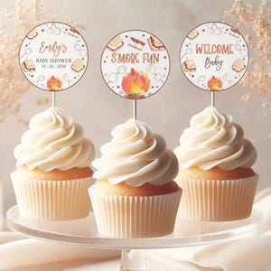 Topos para cupcake de chá de bebê S'more, decoração de festa neutra para acampamento, outono, fogueira, fogueira, S'more, etiquetas de sobremesa divertidas para impressão BS96O