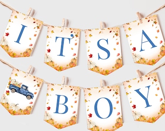 Striscione per camion con zucca, decorazione autunnale per baby shower, ghirlanda di zucche blu per bambini, foglie autunnali, bandierina MODIFICABILE, genere neutro, BS28B