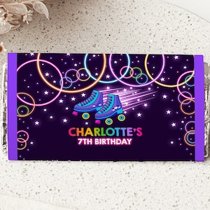 Roller Skating Chocolate Wrapper Let&#39;s Roll Retro Roller Skate Birthday Decor Neon Glow Disco Dance Party Candy Bar Label Printable BT39V