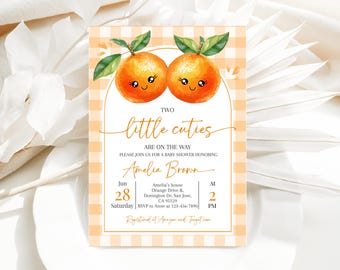 Two Little Cuties are on the Way Invitation Orange Twin Baby Shower Invite Clementine Joint Party Citrus Tangerine Floral EDITABLE AS47O