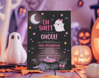 May include: A black and purple Halloween baby shower invitation with a cute ghost and a cauldron. The text reads "Oh Sheet! We're having a Ghoul!" and includes details about the event, including the date, time, location, and RSVP information.