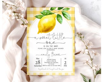 Sweet Little One Lemon Baby Shower Invitation Lemonade Baby Shower Invite Citrus Floral Sunshine Summer Yellow Gingham Themed EDITABLE AS44Y