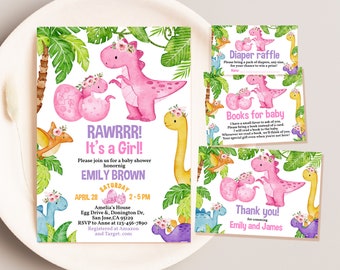 Dinosaur Baby Shower Invitation Bundle It's a Girl Cute Dino Invite Set T-Rex Jungle Animals Wild Stomp Chomp Roar Jurassic EDITABLE BS38P