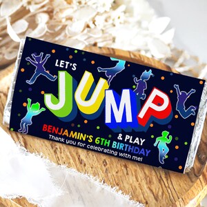 Jump Birthday Chocolate Wrapper Neon Glow Boy Girl Birthday Party Decor Let&#39;s House Bounce Trampoline Candy Bar Label Printable BTD034