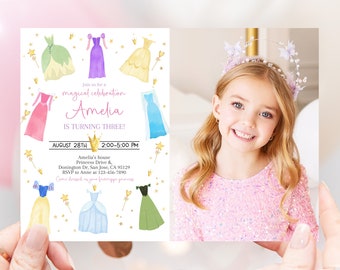 May include: A princess-themed birthday invitation featuring a watercolour illustration of Disney princesses and a gold crown. The invitation includes the text "Join us for a magical celebration Amelia is turning three!" and details for the party, including the date, time, and location. A photo of a young girl wearing a sparkly pink dress and a flower crown is included on the right side of the invitation.