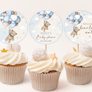 Décoration de fête pour bébé garçon, ours en peluche, herbe de pampa bleue, montgolfières, étiquettes à dessert imprimables BS21B