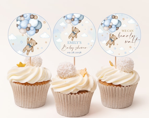 Teddy Bear Cupcake Toppers Fall Baby Shower Decor Boho Fall Autumn Gender Neutral Party Dessert Labels Blue Pampas EDITABLE Template BS21B