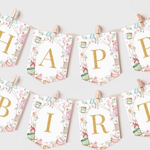 Alice in Wonderland Birthday Banner Alice in Onederland Girl 1st First Birthday Decor Mad Hatter Tea Party Pink Gold Floral EDITABLE BT11W