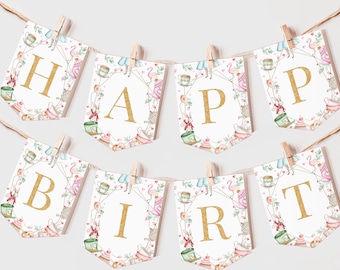 Alice in Wonderland Birthday Banner Alice in Onederland Girl 1st First Birthday Decor Mad Hatter Tea Party Pink Gold Floral EDITABLE BT11W