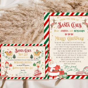 May include: Two Christmas-themed cards. One is a Santa's Nice List Certificate for Benjamin Brown. The other is a letter from Santa Claus to Amelia and Benjamin. Both cards have red, green, and white borders and festive illustrations.