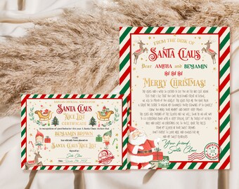 Pode incluir: Dois cartões de Natal. Um é um Certificado da Lista de Boas Ações do Papai Noel para Benjamin Brown. O outro é uma carta do Papai Noel para Amélia e Benjamin. Ambos os cartões têm bordas vermelhas, verdes e brancas.