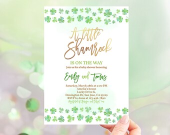 St Patricks Day Baby Shower Invitation Little Shamrock Gender Neutral Invite Green Gold Clover March Couples Shower Coed Party EDITABLE BS50