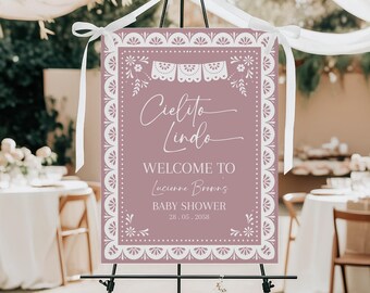 Cielito Lindo Welcome Sign Pink Mexican Talavera Baby Shower Party Decor Papel Picado Poster Girl Baby Sprinkle Brunch Porch EDITABLE AS42P