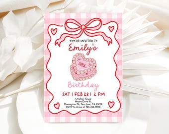 Invitación de cumpleaños con pastel retro, invitación para fiesta de cumpleaños número 30, invitación para fiesta de cumpleaños número 21, lazo rosa, corazón dibujado a mano, cinta roja, cuadros vichy vintage, editable AT65P